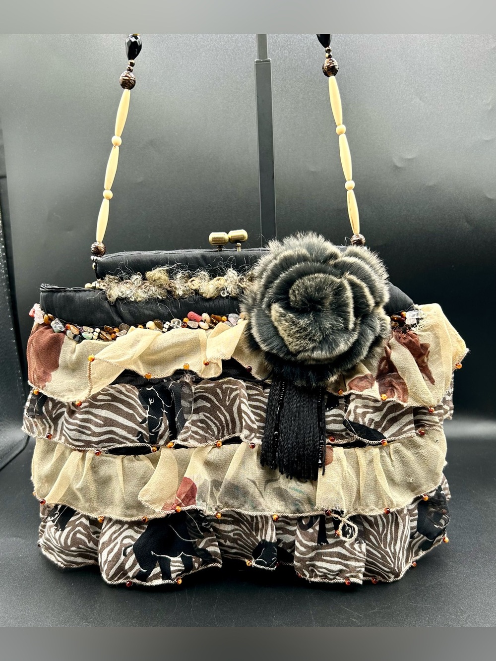 VINTAGE MARY FRANCES Tiered Ruffle & Beaded Handbag with a Faux Fur Rosette.
